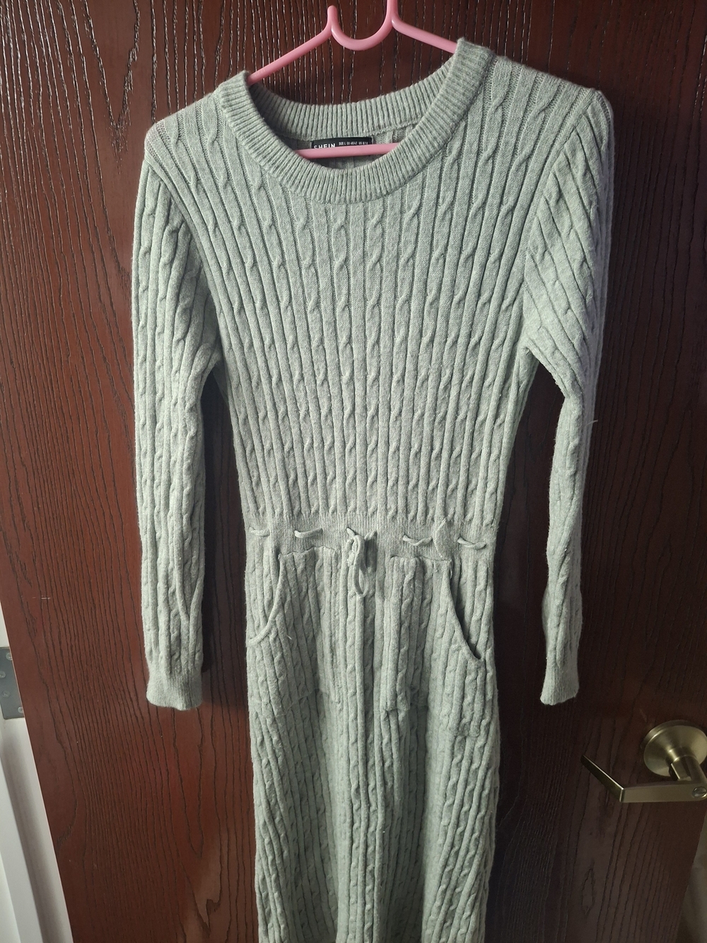 SHEIN Light Sage Cable Knit Crewneck Sweater Dress